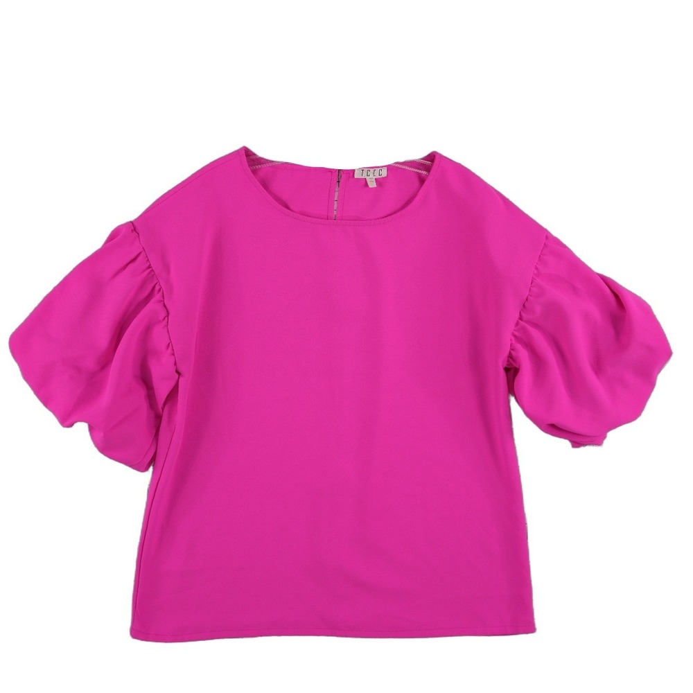 TCEC Blouse Top Women's Size Large Hot Pink Puff Sleeve Shirt